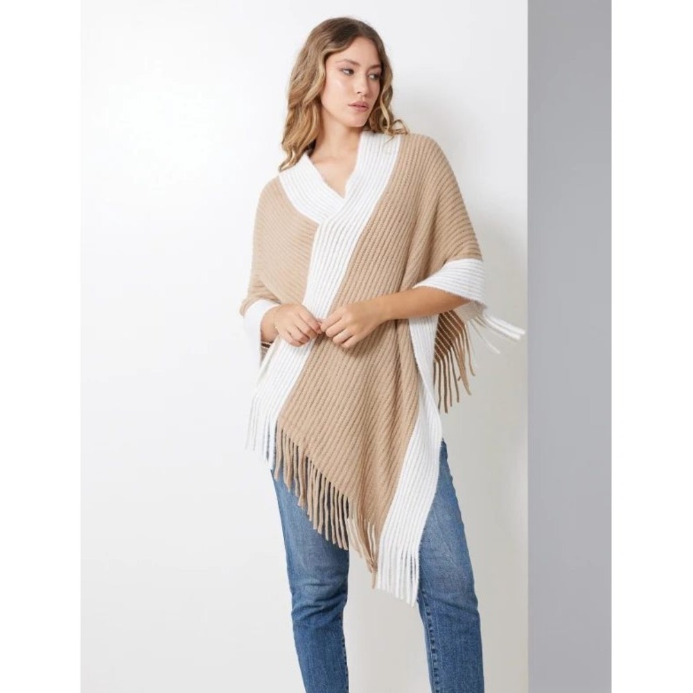 White Tan Ribbed Knit Fringe Poncho Boho Asymmetrical Minimalist Scandinavian